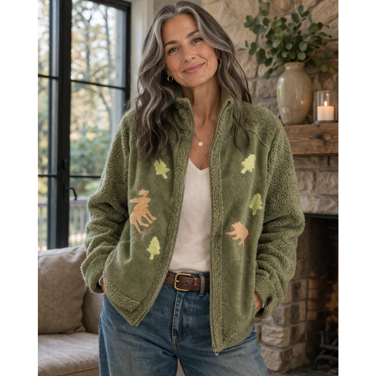 Northern Reflections Moose Tree Green Fleece Jacket Full Zip Size M